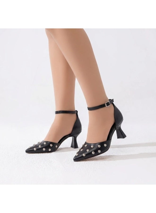 لايف ستيلاش  أحذية كعب متوسط جلد مع إبزيم F-600 - أسود - Image 1